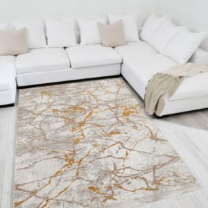 LIPARIS - Beige and gold marbled rug with short pile